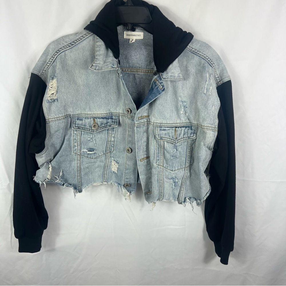 Distressed Denim Jacket with Black Sweatshirt Sleeves